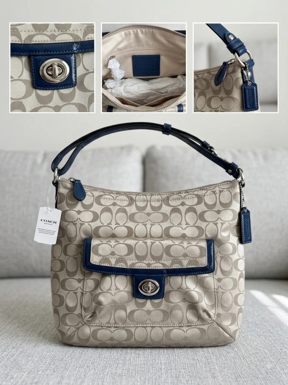 Coach Beige Signature Canvas Hobo with Navy Leather Trim and Turnlock